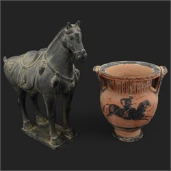 Large Chinese Tang style model of a horse, H50cm together with an Attic style amphora vase, H29cm (2)