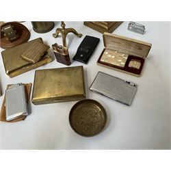 Quantity of brass to include Canadian 18 Pr. Mark II brass shell case,  Corinthian column candlestick with weighted base, perpetual desk calendar on wood base, engine turned cigarette cases and a quantity of metal table lighters etc