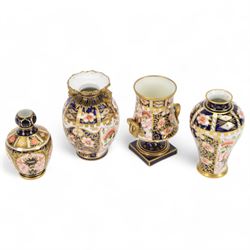 Four Royal  Crown Derby vases in imari patterns, including baluster vase with fluted rim i...