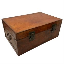 Chinese leather bound and wooden trunk, fitted with metal locks and twin carrying handles, on ebonised stand 