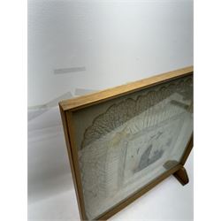 Framed WWI hand painted silk serviette with lace edges, painted with a building 'Arras' H60cm