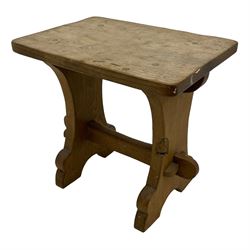 Gnomeman - three oak occasional tables, rectangular adzed top on shaped end supports united by pegged stretcher, each carved with gnome signature, by Thomas Whittaker, Littlebeck, the largest - 46cm x 29cm, H37cm