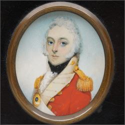 Circle of Henry Bone (British 1755-1834): Portrait of 'General William Tayler' Colonel of 24th regiment 1793, A.D.C. and equerry to King George III, miniature watercolour on ivory signed with initials 'H.B.', inscribed verso, 7cm x 6cm, in ebonised frame stamped A & N C.S.L. This item has been registered for sale under Section 10 of the APHA Ivory Act