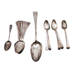 Collection of silver spoons, including Old English pattern bottom struck example, hallmarked worn and indistinct, set of six Victorian silver teaspoons, hallmarked Charles Boyton I, London 1840, a set of four George III silver teaspoons, hallmarked Charles Boyton, London 1787, and three other silver spoons 