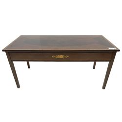 Edwardian Revival inlaid mahogany coffee table, rectangular satinwood banded top with central figured oval panel, the frieze rails inlaid with flowerheads, on square tapering supports