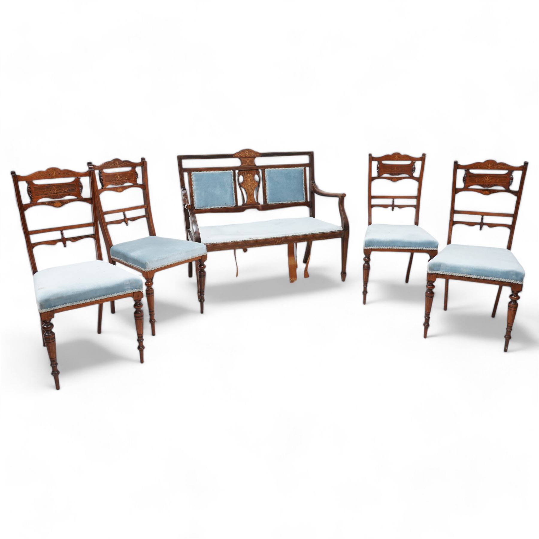 Edwardian inlaid mahogany and rosewood salon suite - two-seat sofa (W112cm, H90cm, D60cm); set of four side chairs (W44cm, H90cm); inlaid with scrolling foliate motifs, upholstered in light blue fabric, on turned supports inlaid with boxwood stringing