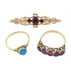 Gold five stone garnet ring, single stone turquoise ring and a three garnet brooch, all 9ct