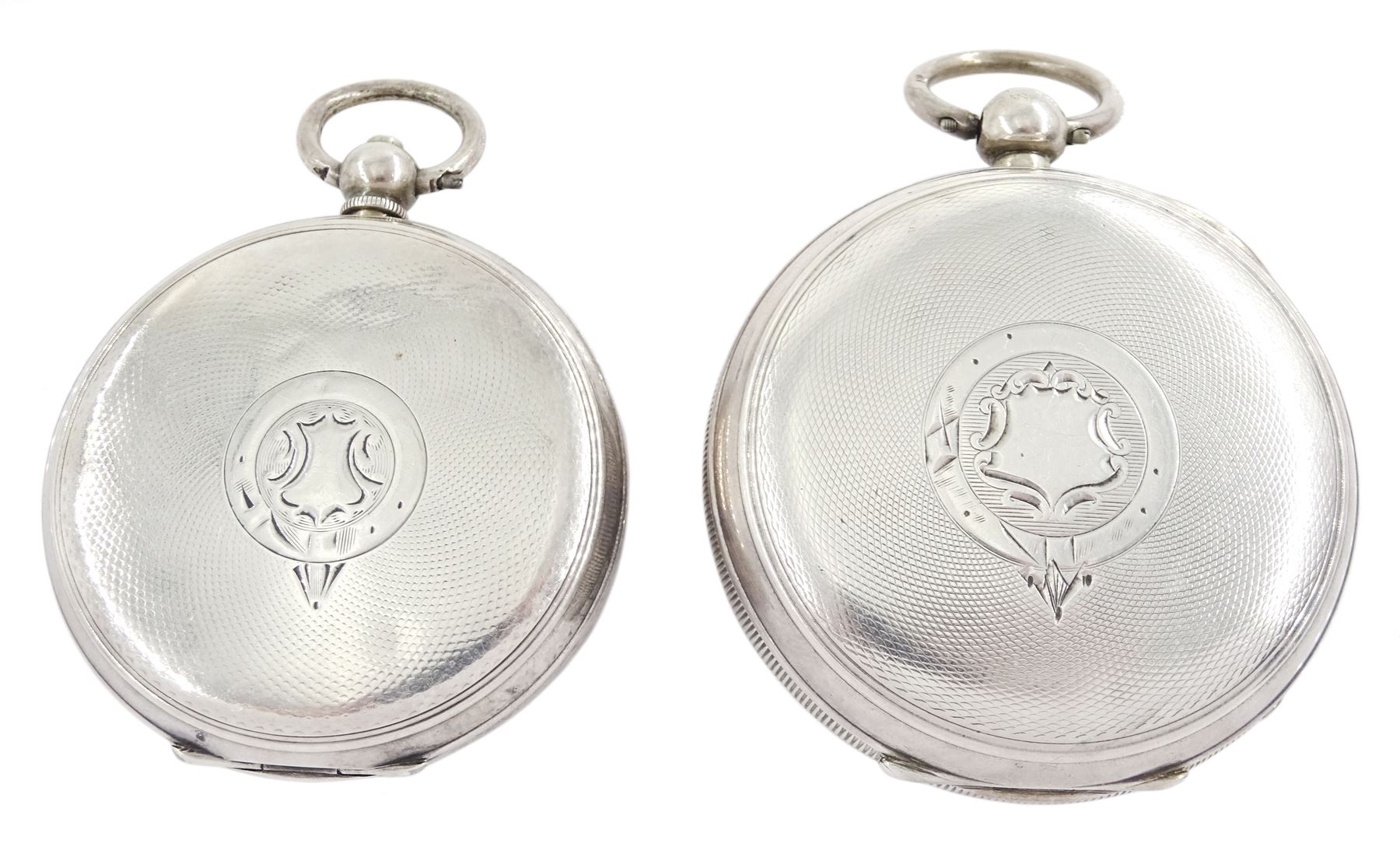 Two silver open face key wound lever pocket watches, one by American Watch Company,  case by Dennison, the other by H.Samuel, white enamel dials with Roman numerals and subsidiary seconds dial and a silver Albert chain with silver cycling fob