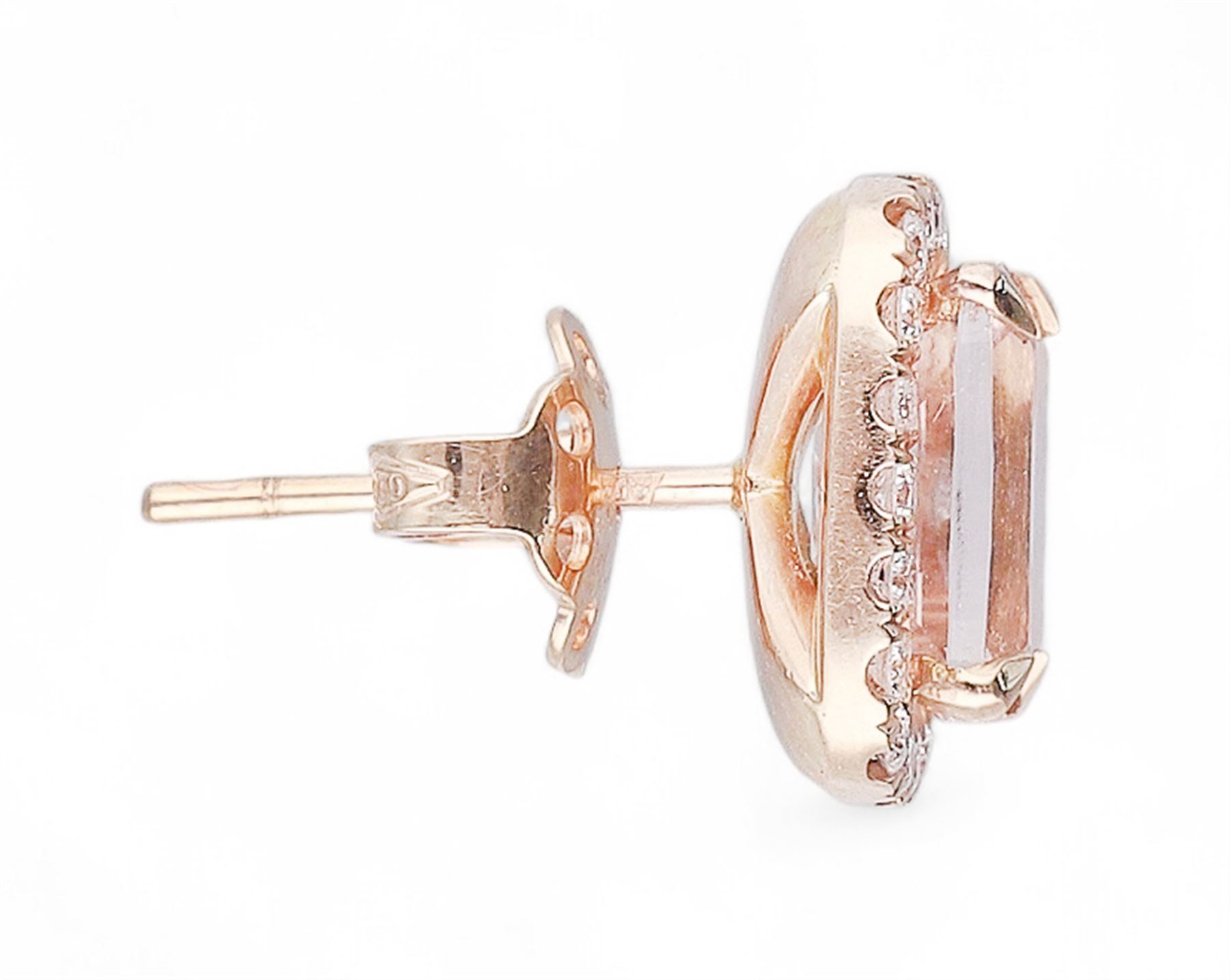 Pair of 18ct rose gold, cushion cut morganite and round brilliant cut diamond halo cluster stud earrings, hallmarked, total morganite weight approx 2.70 carat, total diamond weight approx 0.40 carat