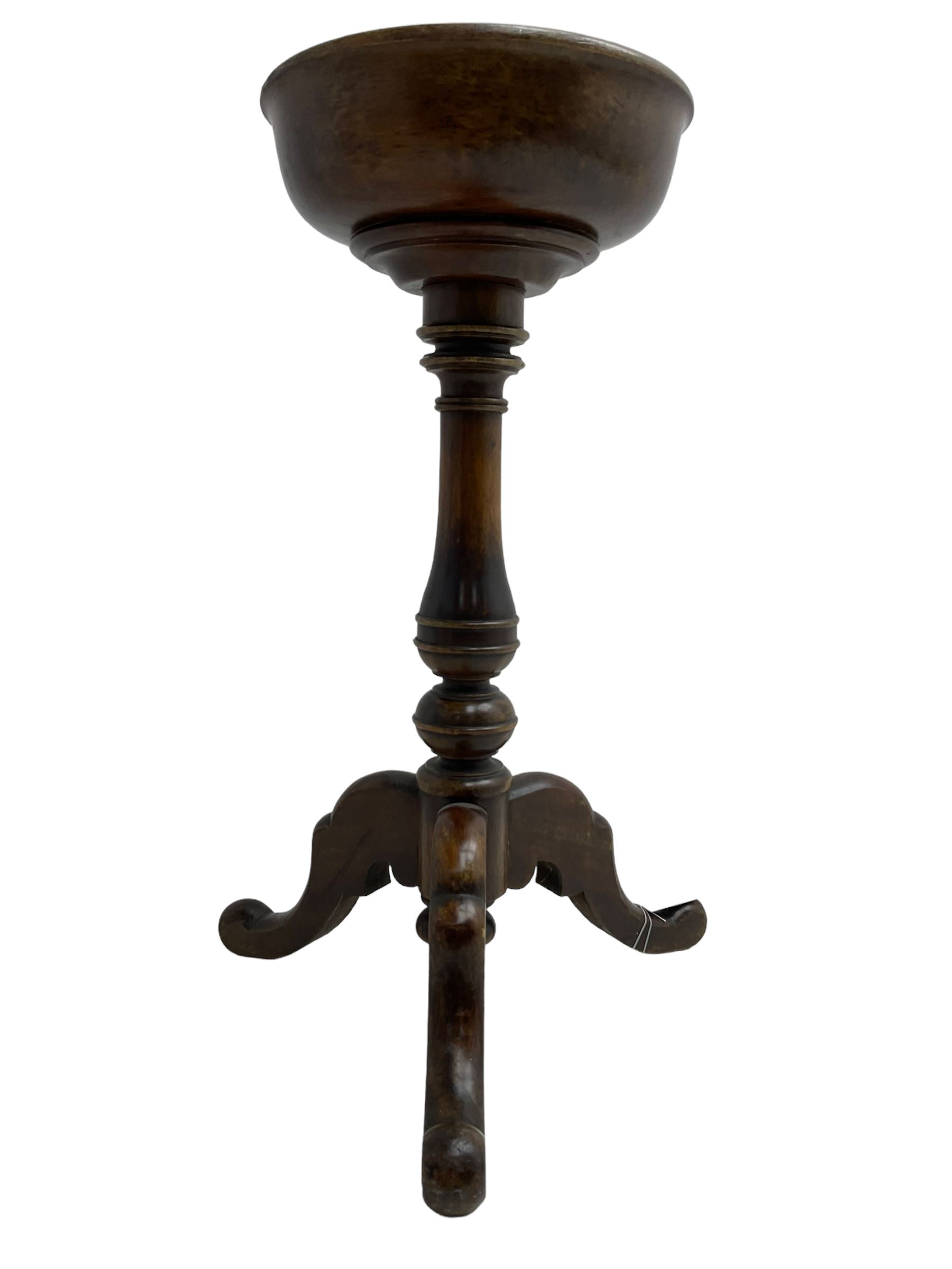 Fruitwood tripod wash basin or planter, the bowl with rolled edge on turned baluster pedestal, three splayed supports