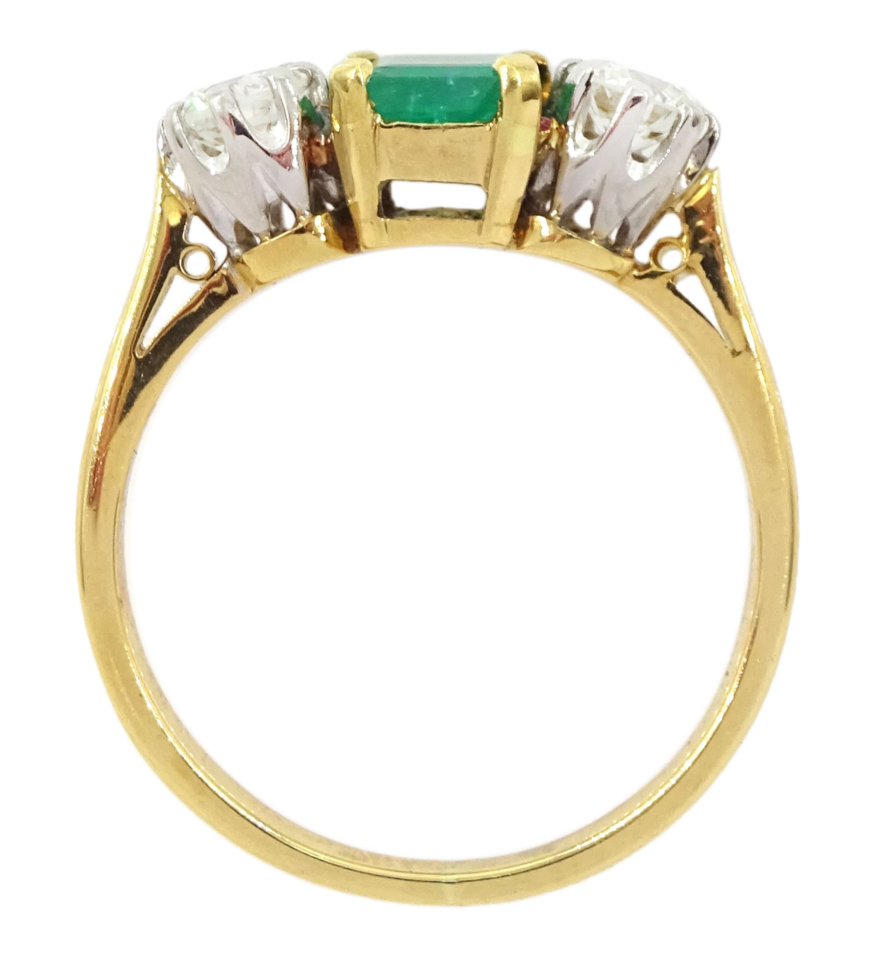 18ct gold three stone emerald and round brilliant cut diamond ring, emerald approx 0.55 carat, total diamond weight approx 0.45 carat