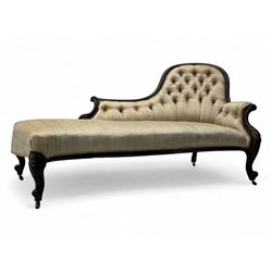 Late Victorian serpentine-fronted chaise longue, the shaped mahogany frame with carved det...