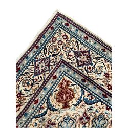 Persian Kashan olive ground carpet, central rosette medallion surrounded by swirling leafy branches and palmettes, the spandrels decorated with further palmettes and foliate motifs, scrolling border interspersed with stylised plant motifs, with in guard stripes