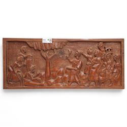  African carved wooden plaque with figures, tree etc 34cm x 81cm