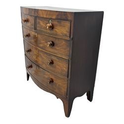 Early 19th century mahogany bow-front chest, fitted with two short over three long graduated cockbeaded drawers, each with turned wooden knobs and bone escutcheon, raised on splayed bracket supports