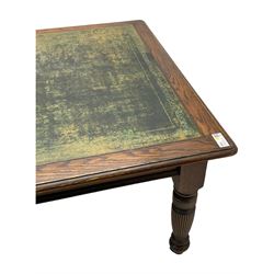 Large 10' 7'' late Victorian oak boardroom table, moulded rectangular top with inset green leather surface, on turned and reed moulded supports with brass and ceramic castors 