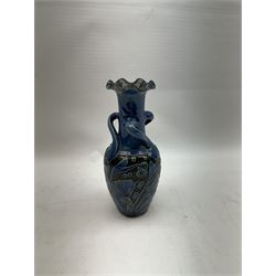 Alexander Lauder for Barum Pottery, vase of baluster form with fluted time, decorated in relief with fish upon a blue ground, H20cm