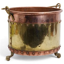 19th/ early 20th century copper and brass coal bucket, with loop handle, cylindrical riveted body and raised on three short claw and ball feet, H30cm x W35cm 