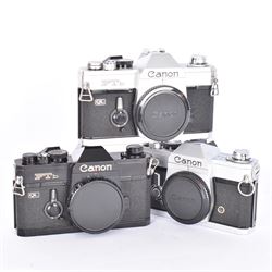 Three Canon FTb SLR camera bodies, to include a black example, serial no. 869426, and two black and silver examples, serial no. 712549 and 192507