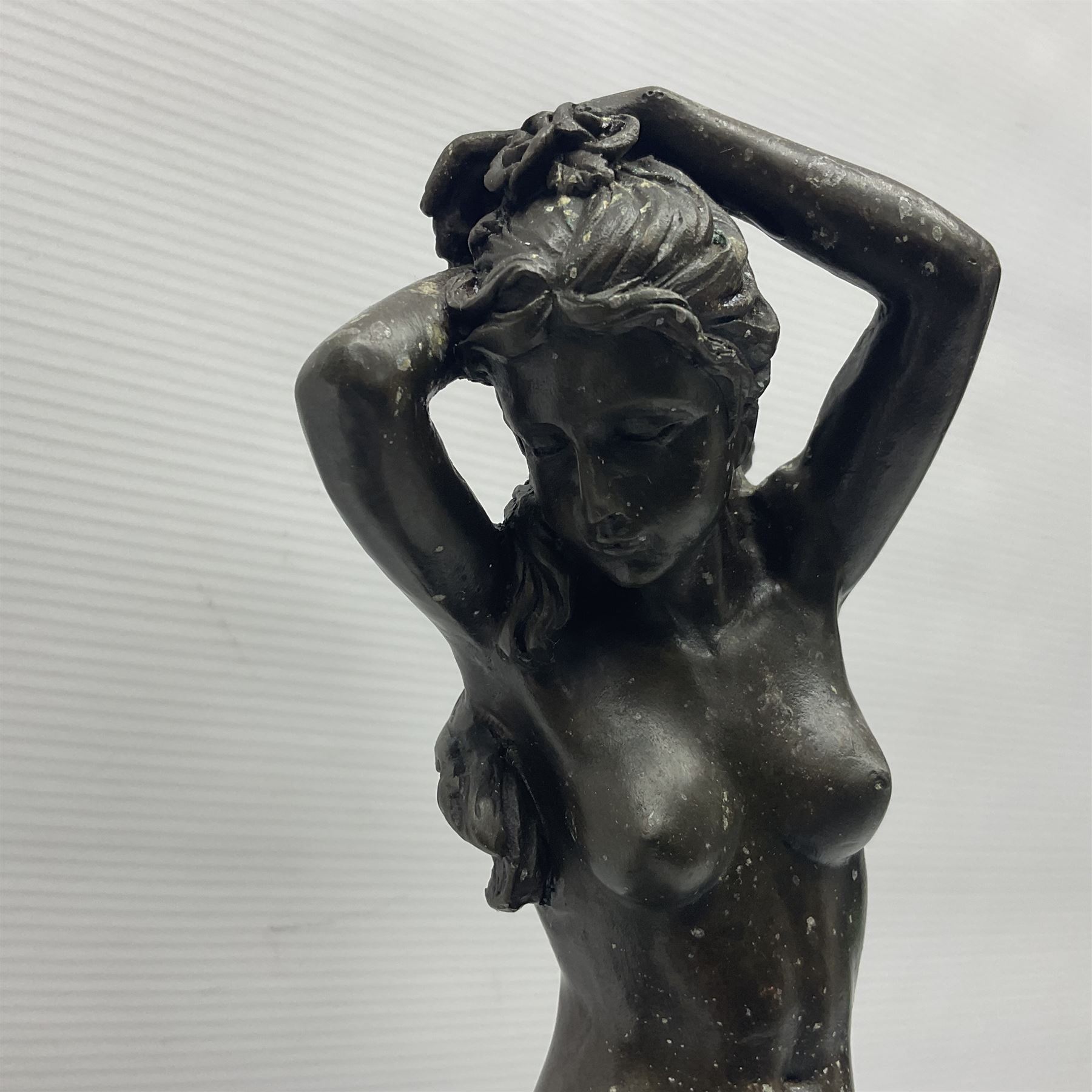 Two bronzed figures, the first modelled as a woman in chains, the second  semi nude female with her arms raised above her head, largest H42cm -  Decorative Antiques & Collectors