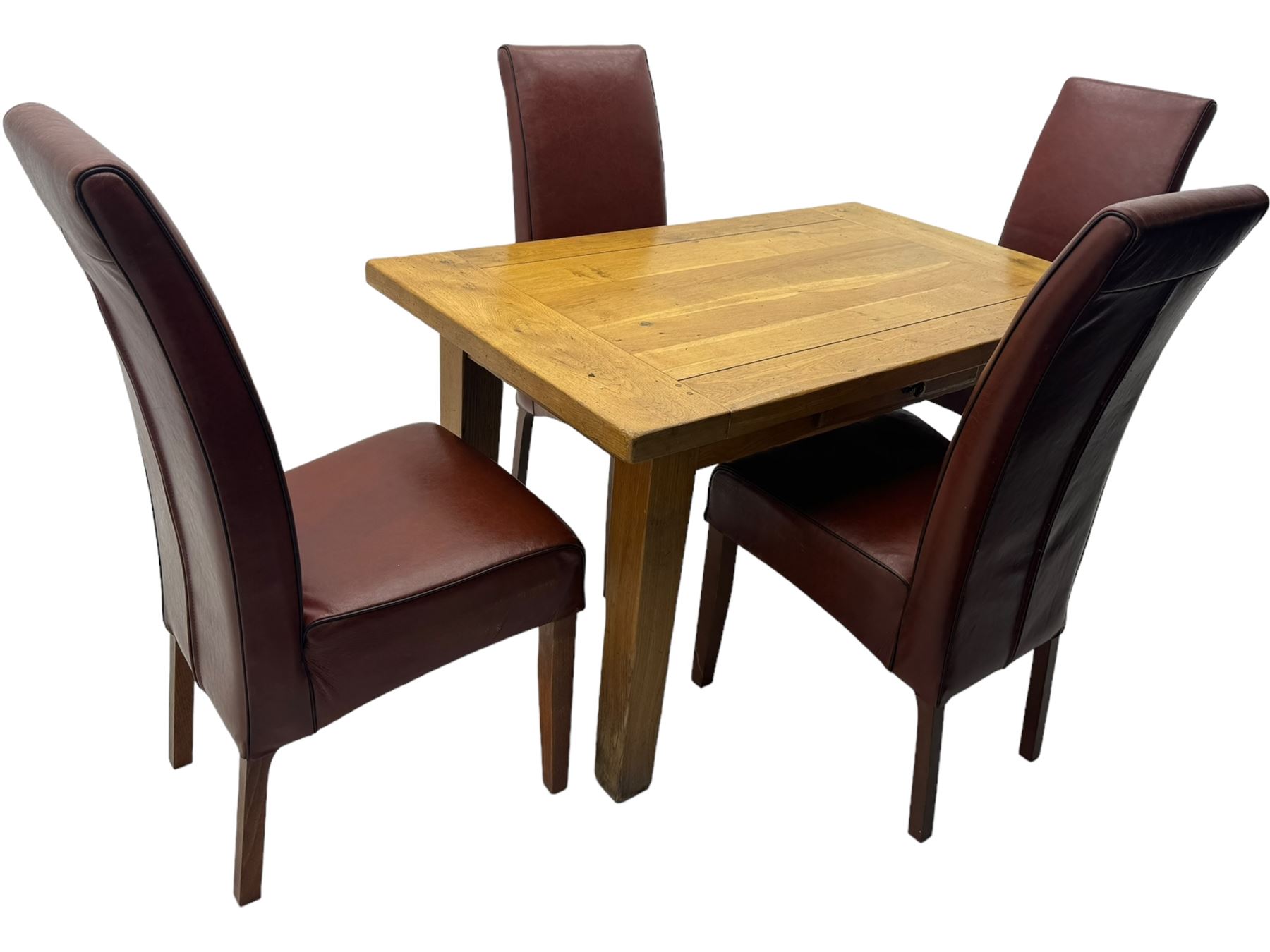 Oak dining table, rectangular plank with two extension leaves at each end, central drawer with brass handle, supported by square legs (L131cm - 233cm, D80cm, H76cm); four high-back dining chairs, the chairs upholstered in dark brown leatherette with stitched detailing, on square tapering legs (H108cm)