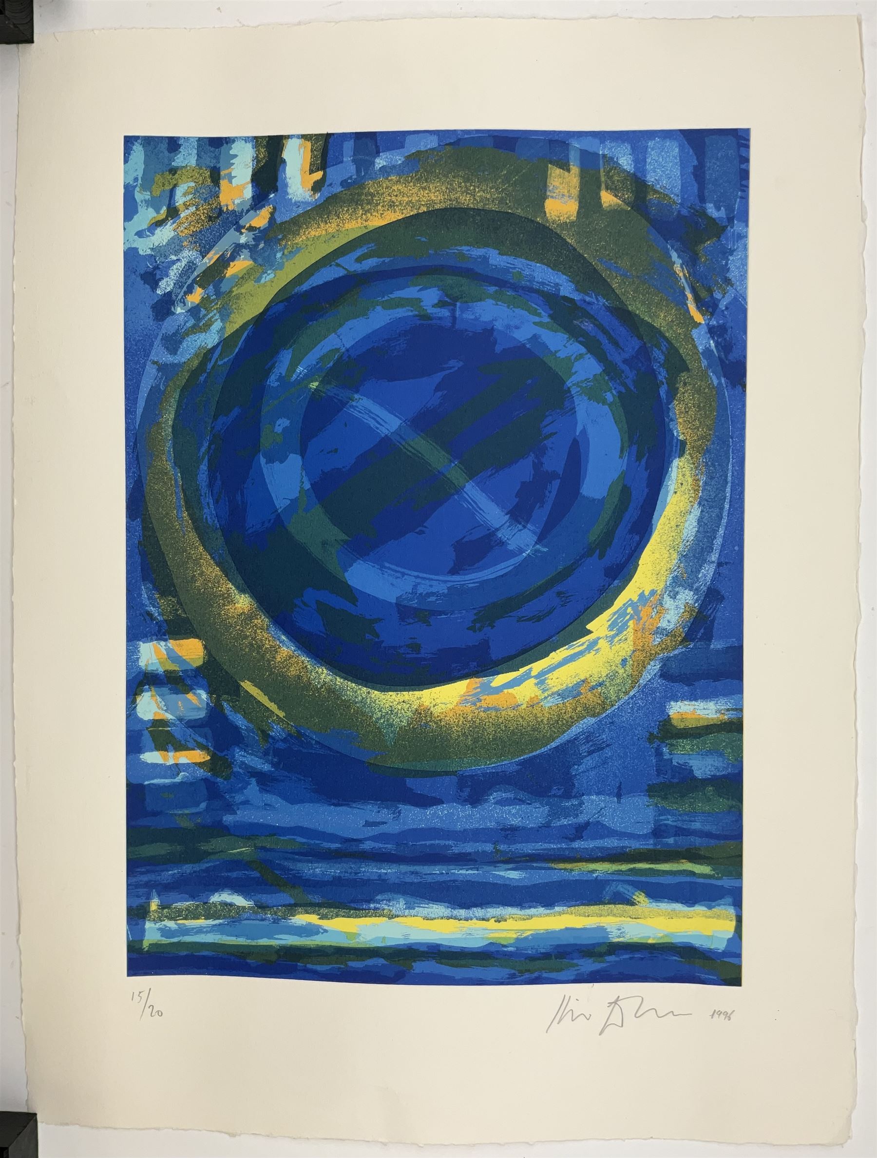 Kip Gresham (British 1951-2024): Abstract Blue and Yellow Circles, limited edition screenprint signed dated 1996 and numbered 15/20 in pencil, pub. Kip Gresham Editions 56cm x 41cm (unframed)