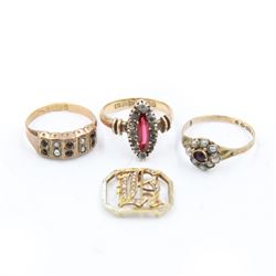 Three Victorian 9ct gold stone set rings, to include navette shaped paste ring and two split pearl and red stone set rings, all hallmarked, together with a gold split pearl and enamel initial H buckle