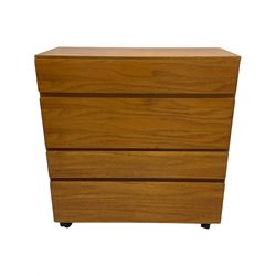 Mid-20th century teak four-drawer chest, featuring a minimalist design with two shallow and two deep flush drawer fronts, each with recessed handles along the top edge, the drawers open to reveal white laminate interiors, supported by castors