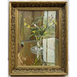 English School (Mid 20th century): Flowers in a Loving Cup, oil on canvas laid on to board indistinctly signed 33cm x 24cm, together with another still life oil on canvas laid on to board by a different hand unsigned 30cm x 40cm (2)