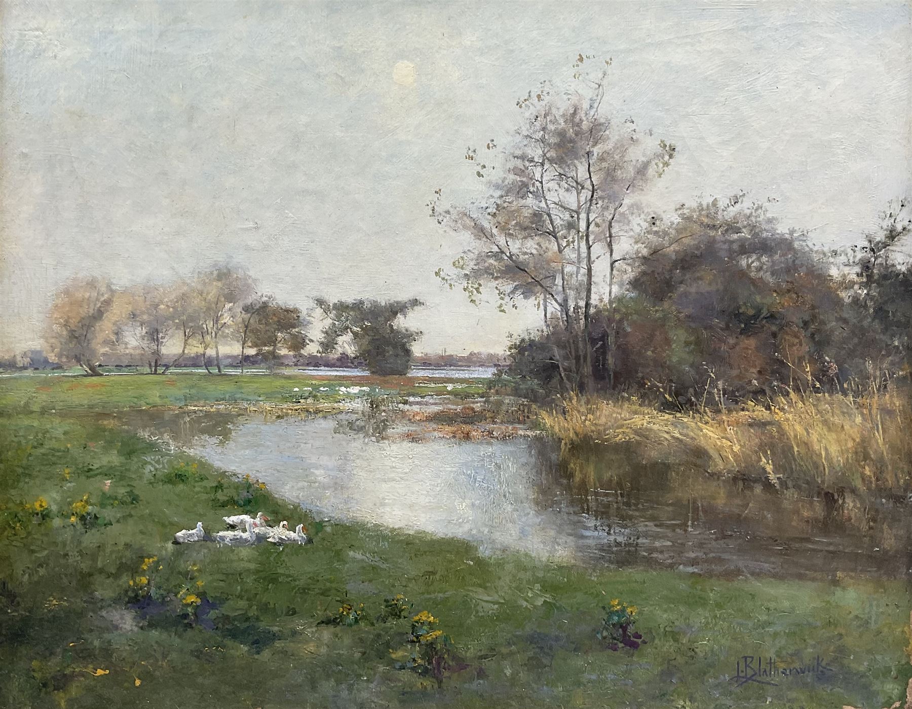 Lily Blatherwick (British 1854-1934): Geese Resting by the Lakeside, oil on canvas signed 42cm x 52cm 