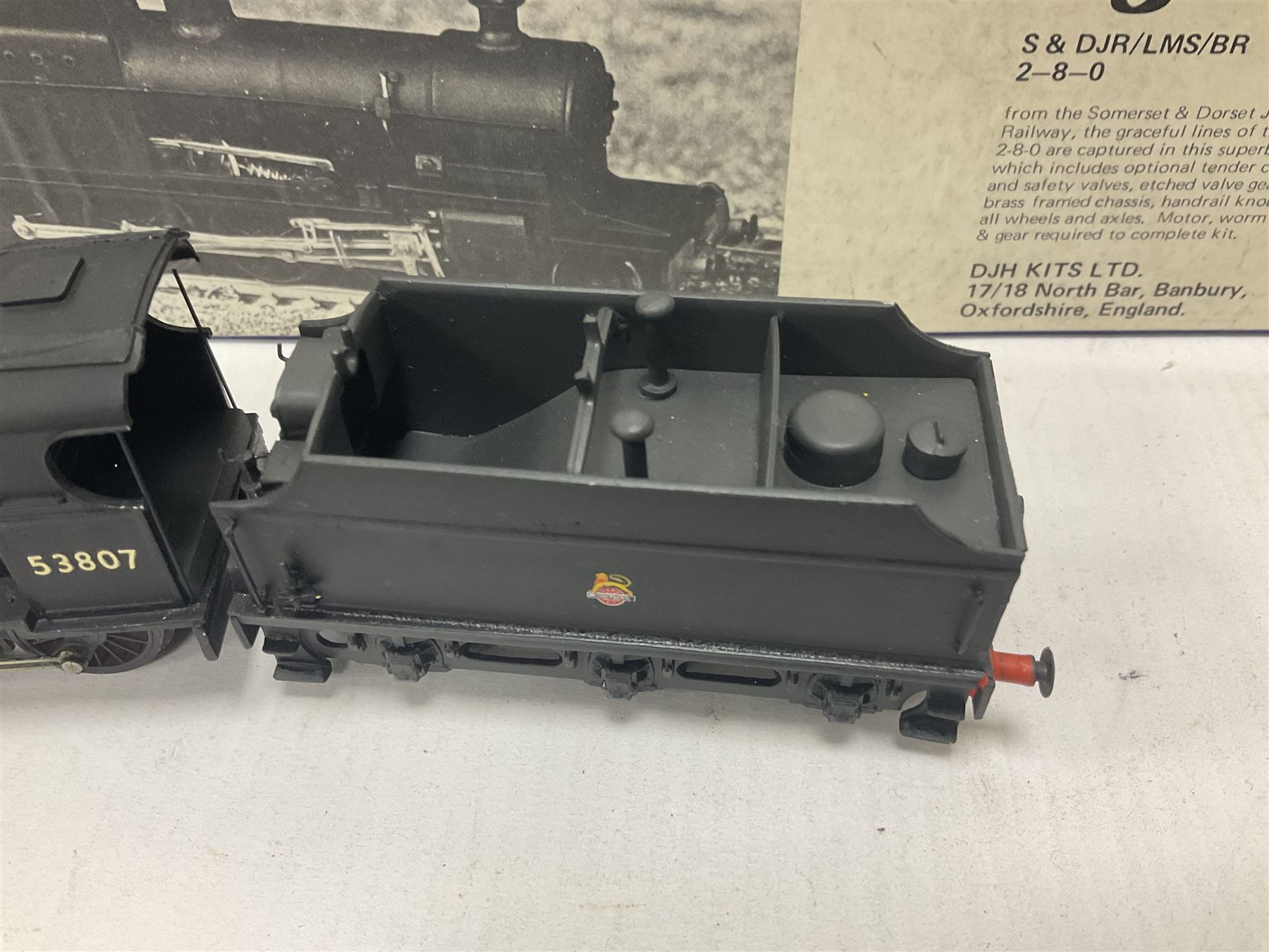 ‘00’ gauge - kit built S&DJR/LMS/BR 2-8-0 no.53807 steam locomotive and tender, finished in BR black with DJH Models box; with further kit built Standard Class 9F 2-10-0 steam locomotive and tender no.92026 finished in BR black (2) 