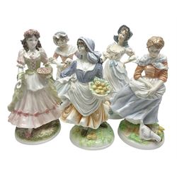 Five Royal Worcester figures, comprising The Queen of May, Rosie Picking Apples, A Farmers Wife, The Milkmaid and The Shepherdess, all with printed marks beneath and some with certificates of authentication   