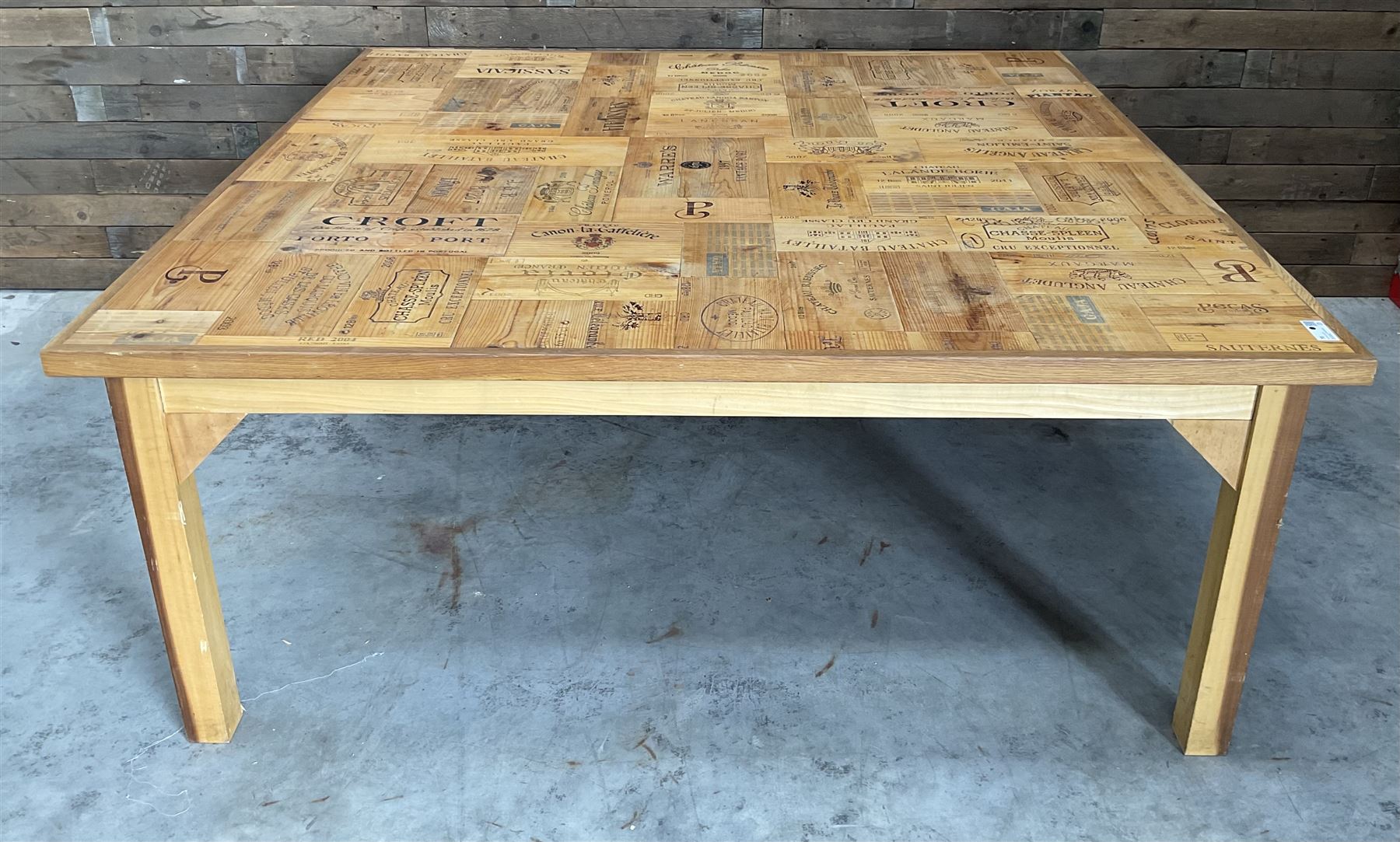 Square centre dining centre table, parquetry wine crate top with oak edging, on beech legs