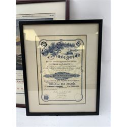 Nelson Line, 'Highland Monarch' advertising poster, together with a 1920s share certificate for Companhia Colonial de Navegacoa, both framed, tallest H47cm