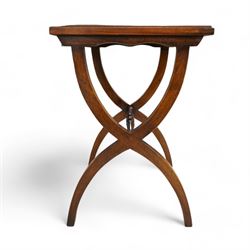 Regency design mahogany nest of three tables, rectangular top with raised lip on curved X-frame supports united by turned stretchers 