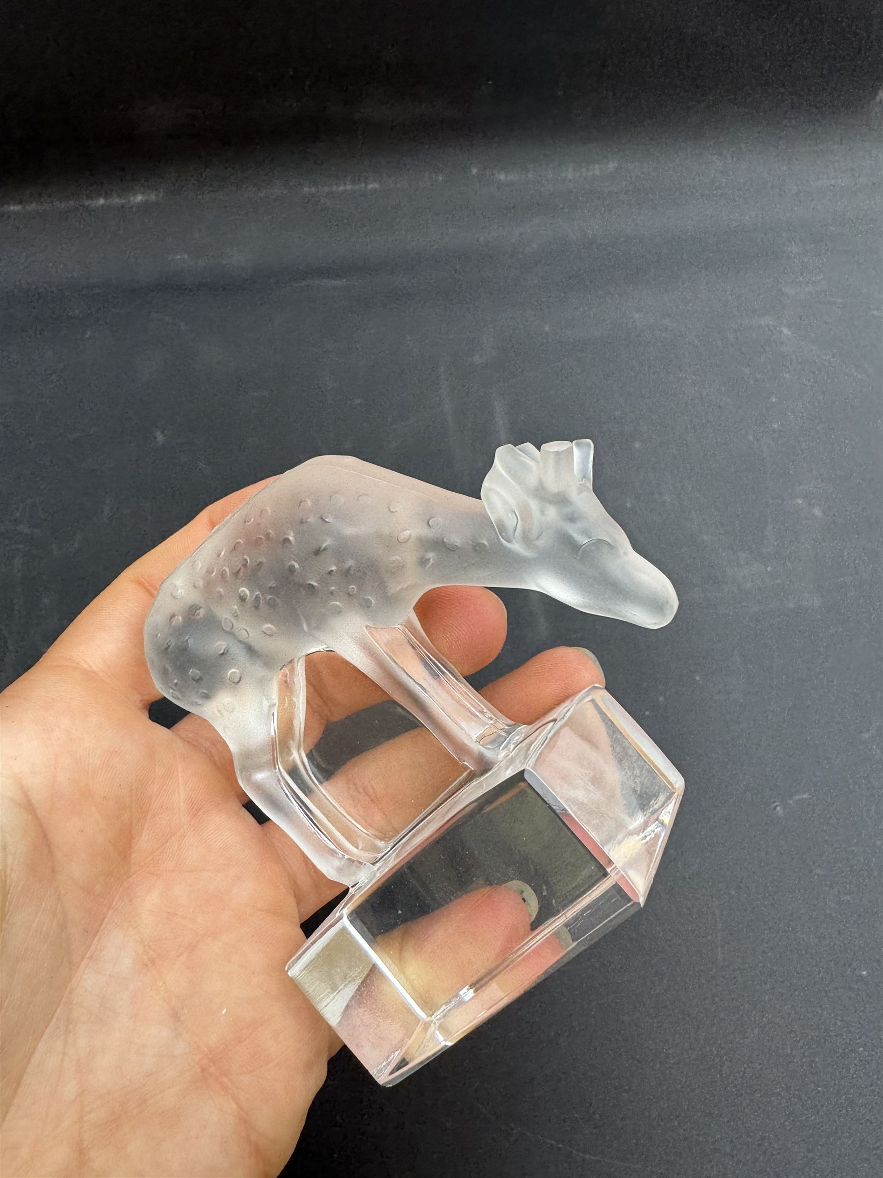 Lalique frosted glass model of a fawn, on clear rectangular plinth, engraved beneath Lalique France, H8cm