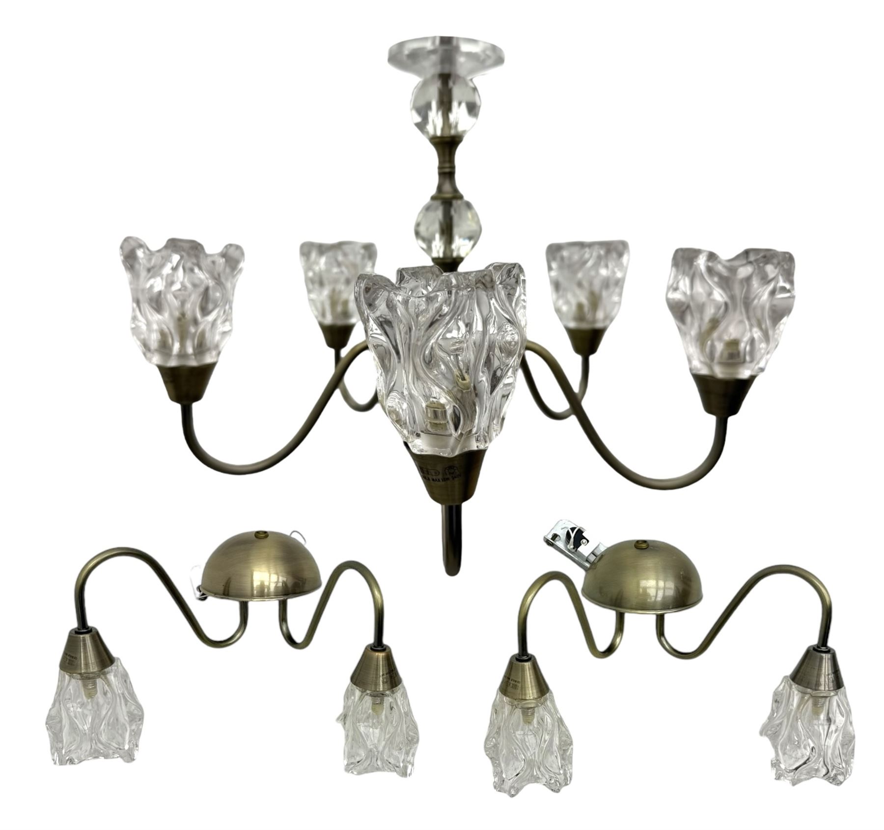 Contemporary five-branch chandelier, brass effect with moulded glass shades; matching pair of wall-mounted two-branch lights (3)