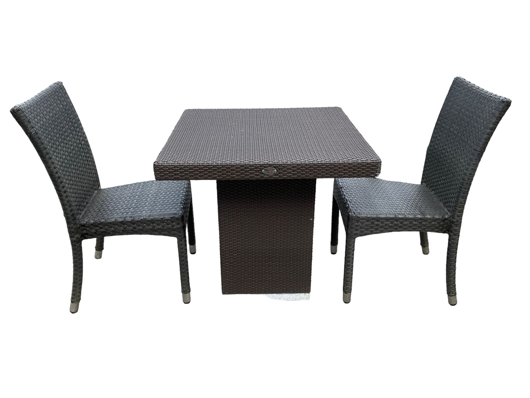 4 x Skyline Design square rattan garden table and two chairs (maroon/grey)