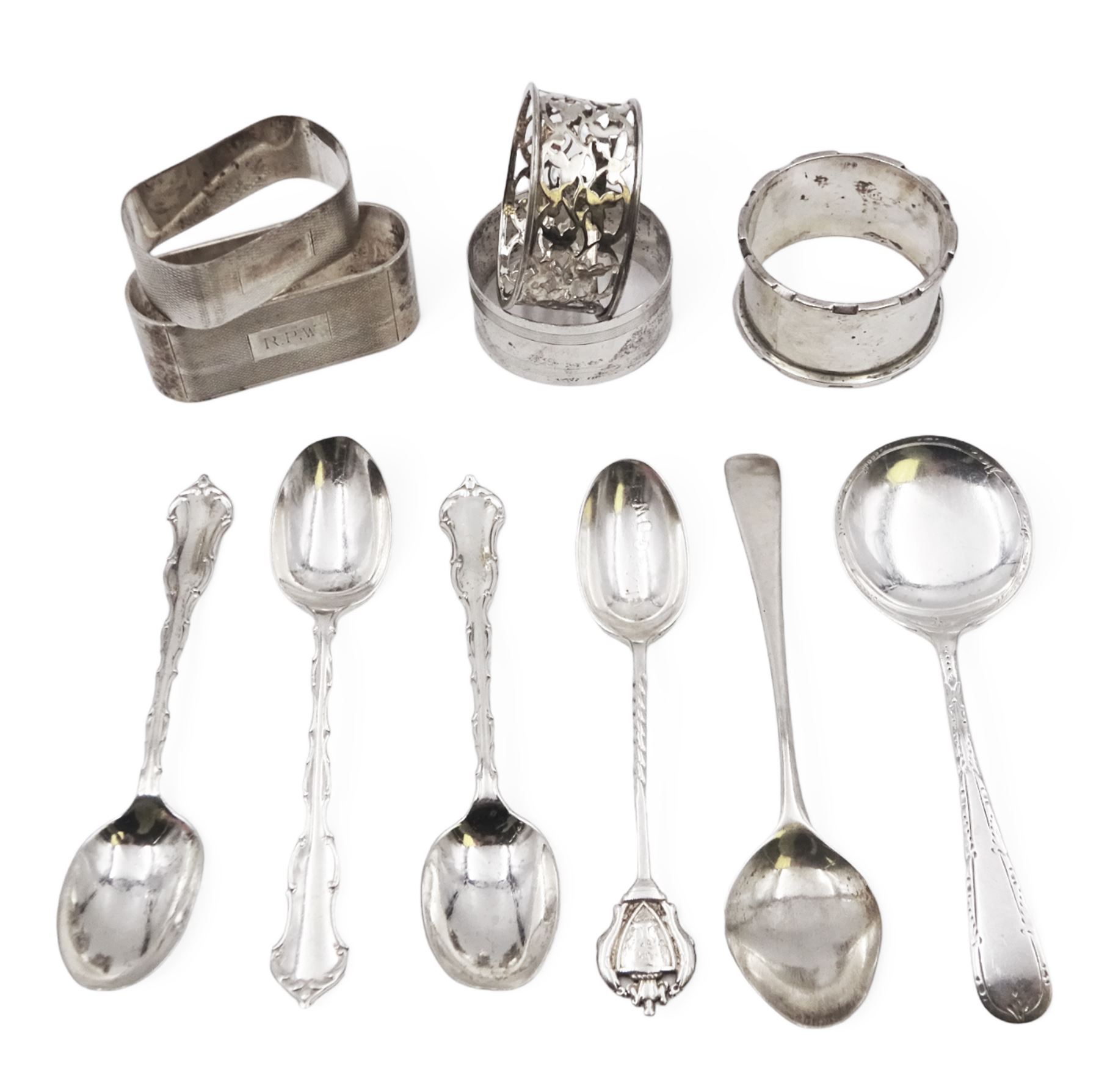 Group of silver, comprising five napkin rings, set of three silver coffee spoons and other silver spoons, all hallmarked 