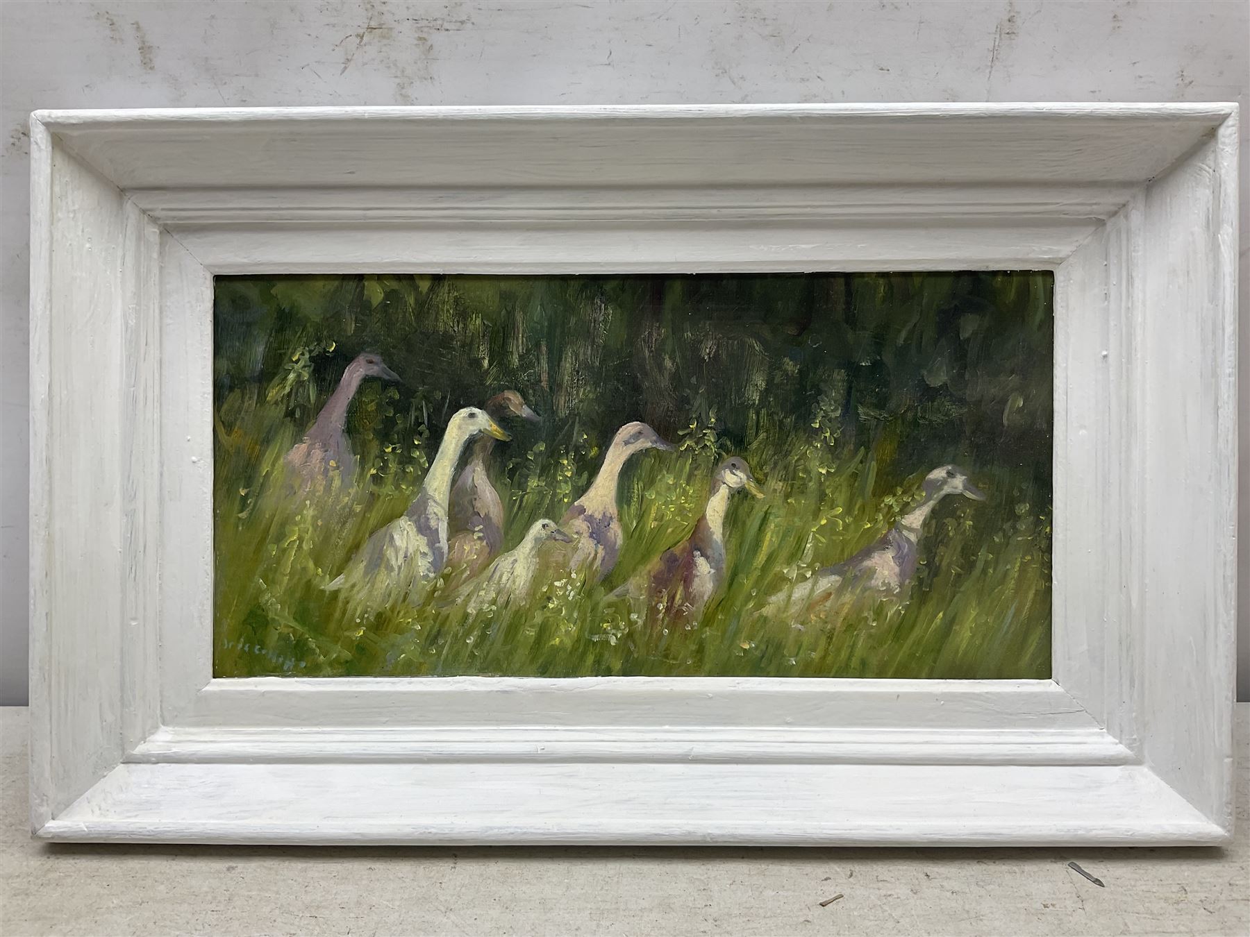 Iris Collett (British 1938-): Seven Geese, oil on board signed 19cm x 39cm