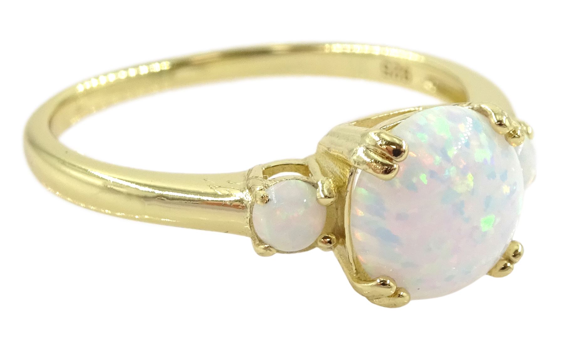 Silver-gilt three stone opal ring, stamped 925