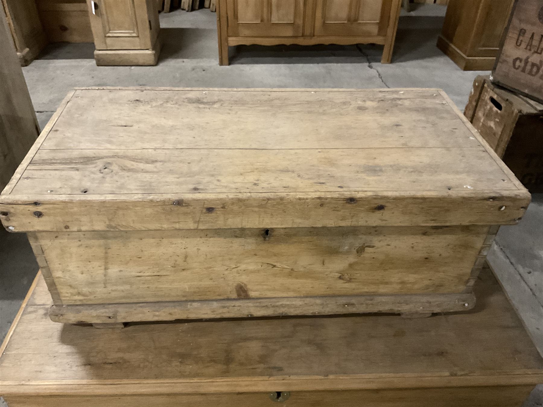 19th century pine blanket chest, rectangular hinged top, with twin wrought metal carrying handles (W93cm D47cm H43cm); together with another similar smaller (W75m D37cm H30) - THIS LOT IS TO BE COLLECTED BY APPOINTMENT FROM THE OLD BUFFER DEPOT, MELBOURNE PLACE, SOWERBY, THIRSK, YO7 1QY