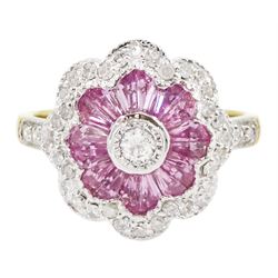 18ct white and yellow gold tapered cut pink sapphire and milgrain set, round brilliant cut...