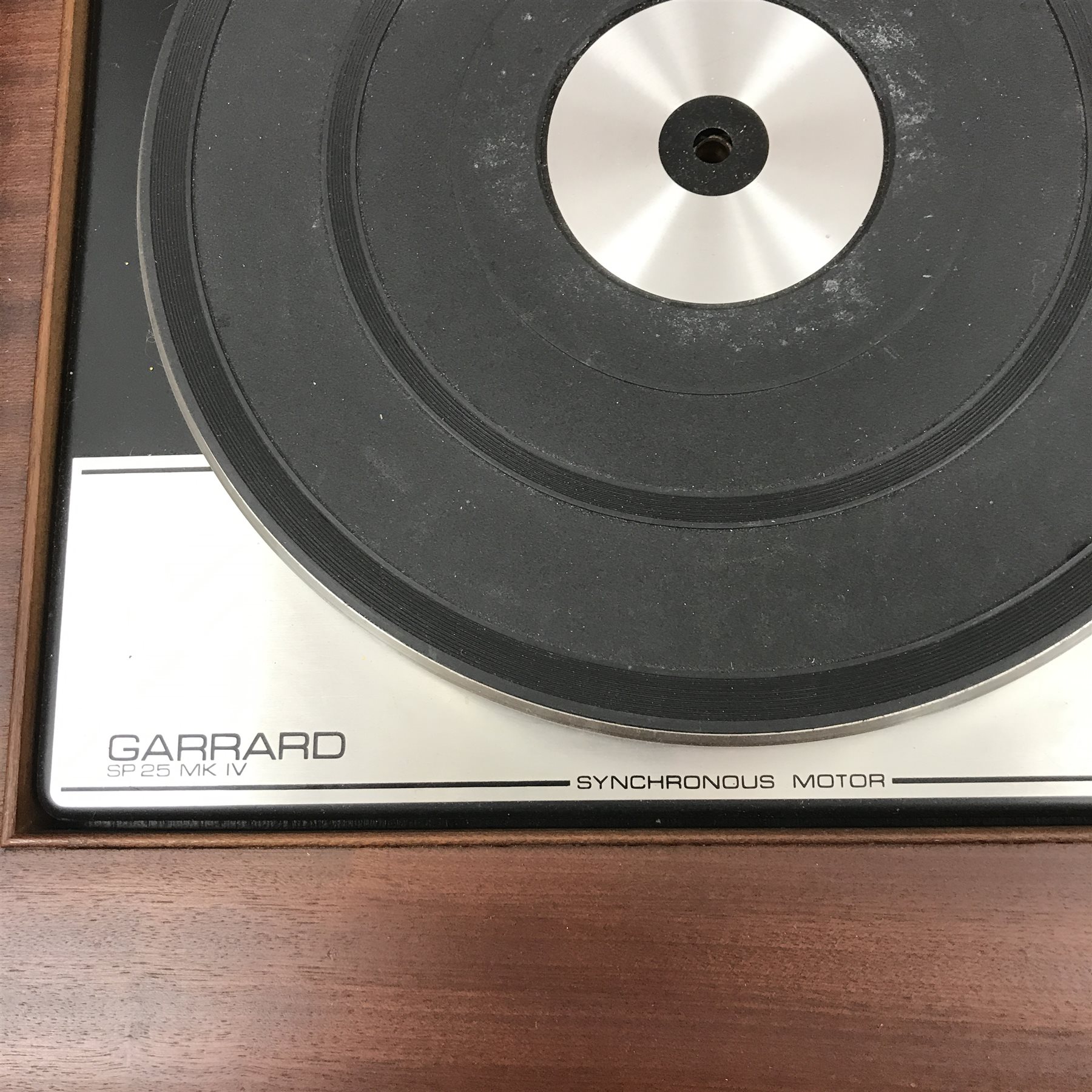 20th century mahogany gramophone side table with built in speakers, hinged lid enclosing Garrard SP 25 MK IV turntable and DYNATRON solid state SRX 29C tuner amplifier, W98cm, H65cm, D43cm