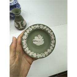 Wedgwood Jasperware stepped bowl, together with covered trinket box, vase and trinket dish, together with two Spode Italian pattern jars and dish