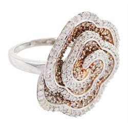 White gold round brilliant cut white and fancy light brown colour diamond rose swirl ring, hallmarked 9ct, total diamond weight approx 1.50 carat