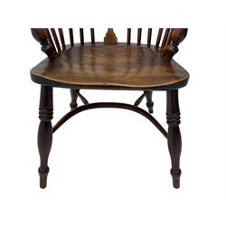 19th century yew wood and elm Windsor armchair, low double hoop stick and pierced splat back, dished seat on turned supports united by crinoline stretchers