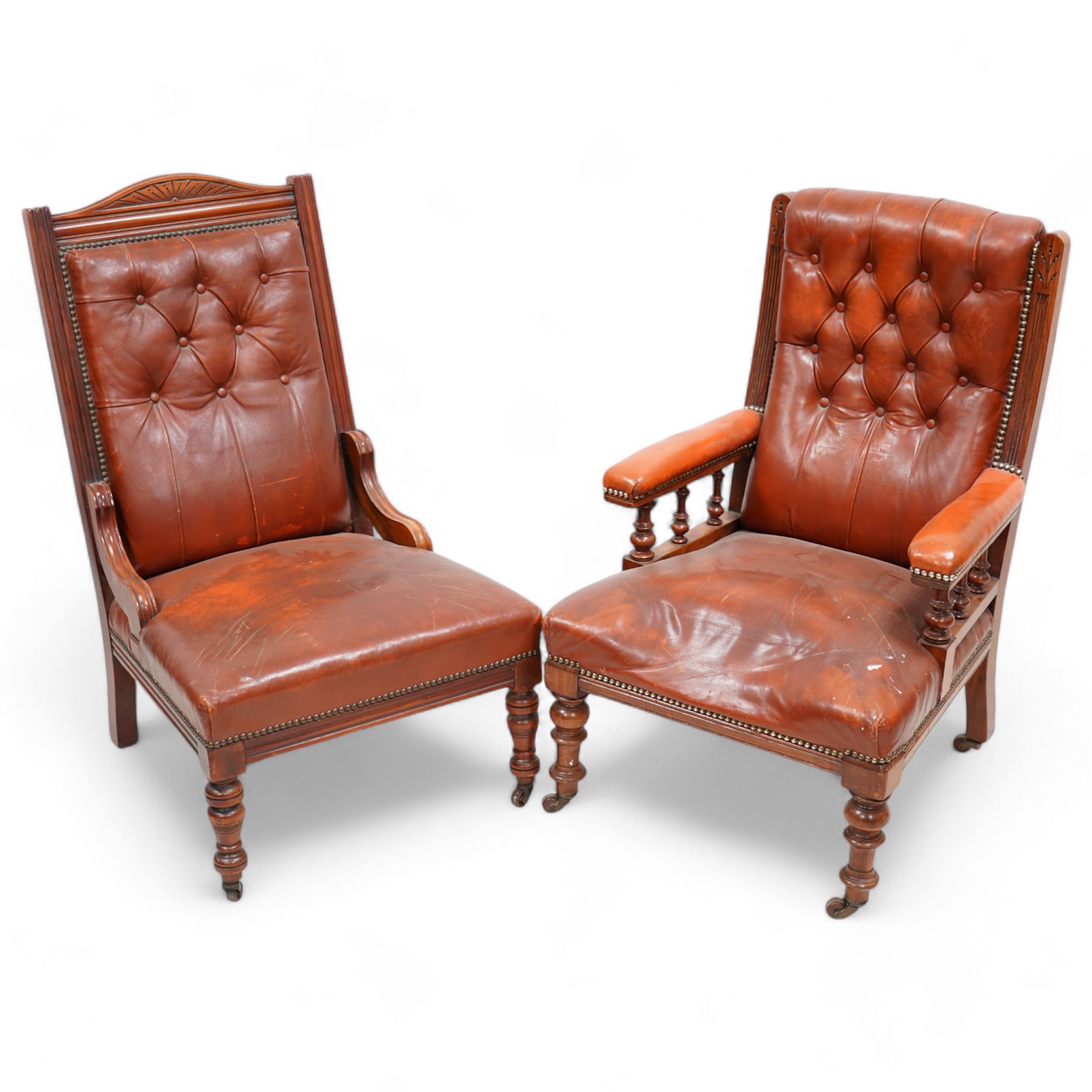 Late Victorian walnut matched two-piece salon suite upholstered in rust buttoned leather - open armchair, reed moulded frame and turned balustrade arm supports, on turned front feet with brass and ceramic castors (W60cm, H92cm, D70cm); nursing chair, fan carved cresting rail, moulded frame, on turned front feet (W58cm, H93cm, D73cm)