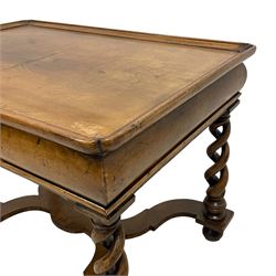 19th century William and Mary design figured walnut lamp or side table, rectangular tray top, cushion frieze fitted with single drawer, raised on open spiral turned supports united by curved x-frame stretcher, on bun feet