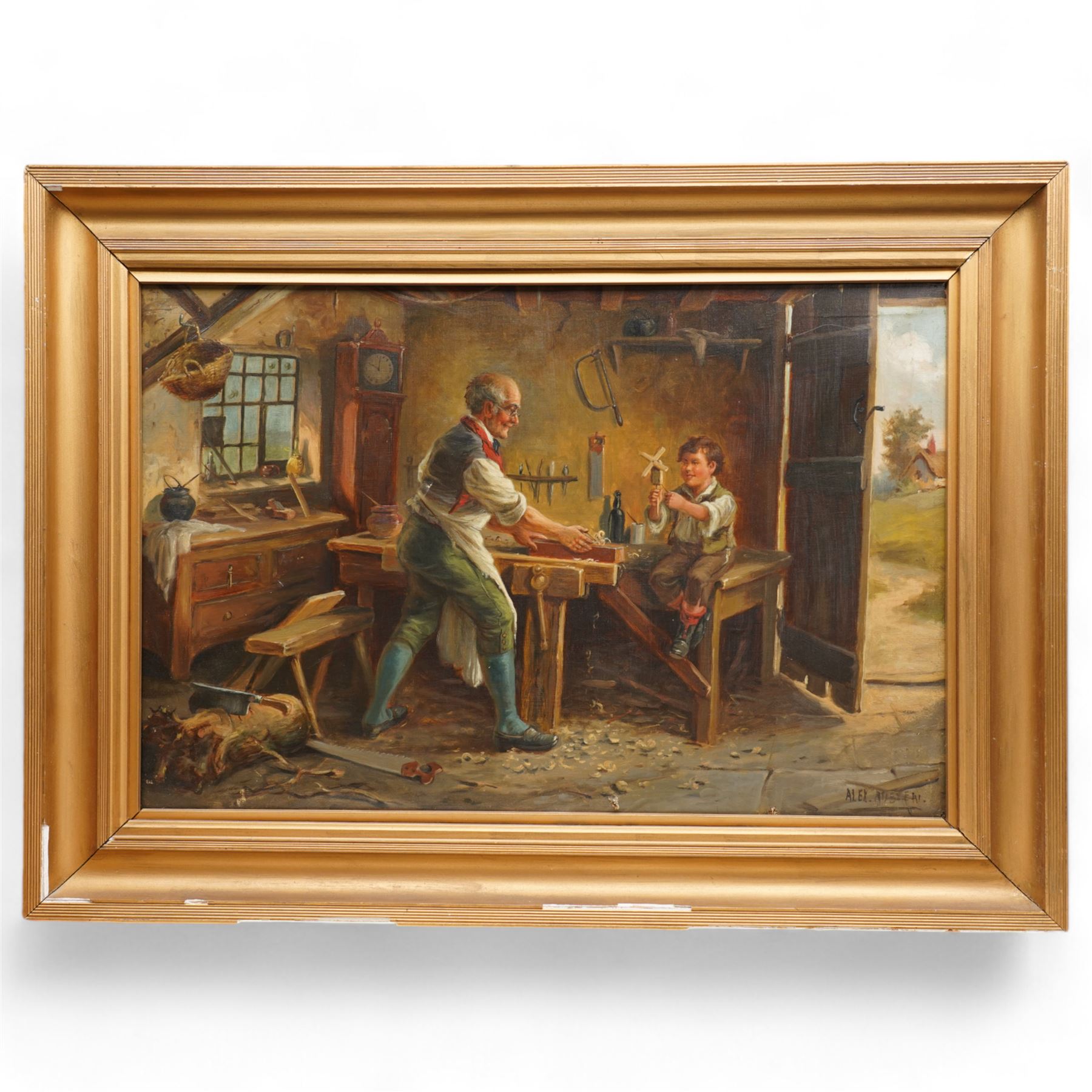 Alexander 'Alex' Austen (British 19th Century): Father and Son in a Workshop, pair oils on canvas signed 39cm x 60cm (2)